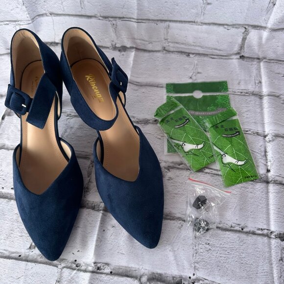 NIB Pointed Closed Toe Ankle Strap Buckle Slip on Low Heel Pumps Navy Blue Sz 10 - Picture 11 of 13